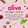 Image with a light pink background and fruits and vegetables around the border with the text alive, 35% veggies, 65% fruits. Smoothies by Living Farmacy Inc. frozen smoothie subscription Canada