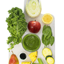 Top view image of leafy greens and other ingredients on a white chopping board found in the Love Craft Smoothie by Living Farmacy Inc., smoothie subscription Canada.
