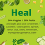 Image with bright green background with green leafy vegetables and fruit around the border. Words "Heal" and ingredient list in the middle. - Frozen craft smoothie by Living Farmacy Smoothie Subscription Canada.