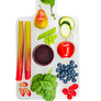 Top view image of rhubarb, blueberries and other vegetables on white background.