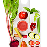 Top view image of fruits and vegetables on a white chopping board.