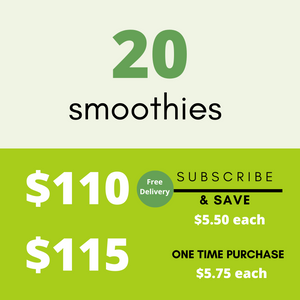 Image with light green background with text 20 smoothies, $110 with subscription, $115 one time purchase from Living Farmacy Inc., frozen smoothie subscription Canada