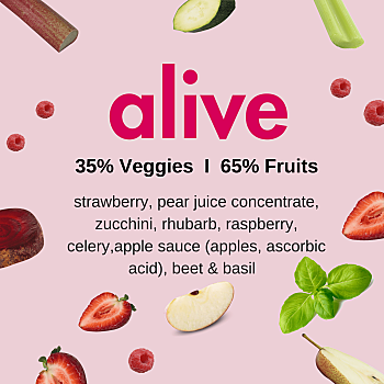 Image with pale pink background with berries, beets, rhubarb and pears around the border. The text "alive" in the middle and ingredient lists. By Living Farmacy Smoothie Subscription Canada.