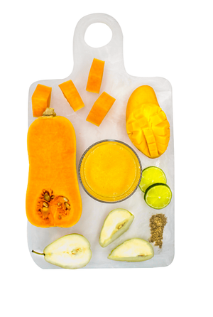 Top view images of butternut squash, mango and other fruits and vegetables.