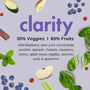 Image with lavender coloured background with words "clarity" in the middle and ingredient list with leafy greens and blueberries. Living Farmacy Smoothie Subscription Canada.