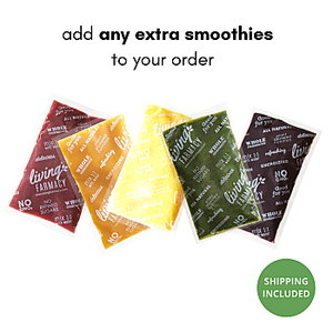 Image with 5 frozen smoothie packets.  Text states, "add any extra smoothies to your order. Shipping included."  by Living Farmacy Smoothie Subscription  Canada