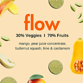 Image with pale peach coloured background with butternut squash, pears, mangos and fruit around the border. The word "flow" in the middle with ingredient list. By Living Farmacy Smoothie Subscription Canada.