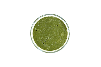 Top view of green smoothie in a glass. Love Craft Smoothie by Living Farmacy Inc., frozen smoothie subscription Canada.