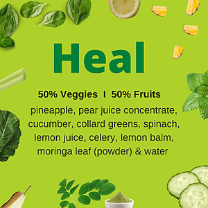 Image with bright green background with green leafy vegetables and fruit around the border. Words "Heal" and ingredient list in the middle. - Frozen craft smoothie by Living Farmacy Smoothie Subscription Canada.