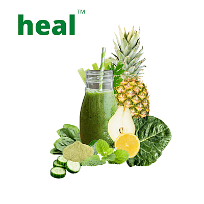 Image of green smoothie in glass bottle surrounding by ingredients on a white background. Smoothie is HEAL by Living Farmacy Inc., frozen smoothie subscription Canada.