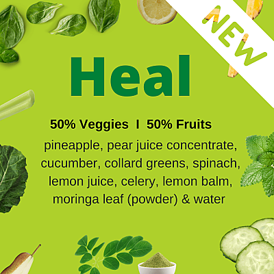 Image with green background with green vegetables around the edge. The word "HEAL" in the centre along with ingredient list.