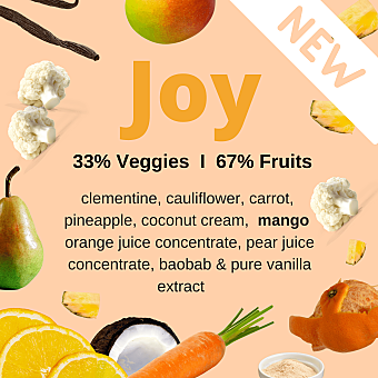 Image with a peach background with the word "joy" surrounded by fruits and vegetables in the frozen smoothie Joy by Living Farmacy Inc., frozen smoothie subscription Canada.