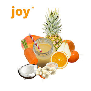 Top view image of an orange smoothie in a glass with a straw surrounded by fruits and vegetable in the Joy craft smoothie by Living Farmacy Inc., frozen smoothie subscription Canada. macy Inc.