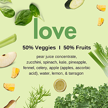 Image with light mint coloured background with leafy green vegetables, pineapple, pear and celery around the border. The word "love" in the middle with ingredient list. By Living Farmacy Smoothie Subscription Canada.