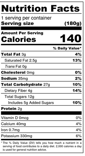 Image of the nutrition facts for the Joy Craft smoothie by Living Farmacy Inc., frozen smoothie subscription Canada. 140 calories per 180g serving