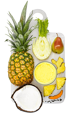 Top view picture of pineapple, coconut and fruit in the Power craft smoothie by Living Farmacy Inc.
