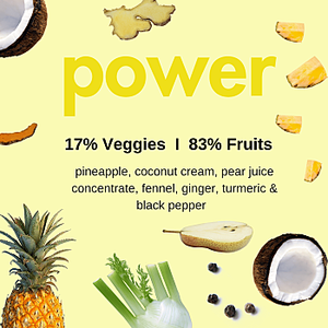 Image with pale yellow background with coconut, pineapple, ginger, pear around the border. The word "Power" in the middle and ingredient list. By Living Farmacy Smoothie Subscription Canada.