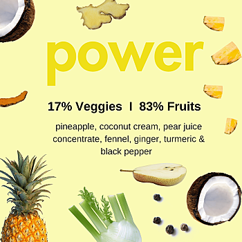 Image with pale yellow background, fruit and vegetables around the border and the words "power, 17% veggies, 83% fruits" in the centre. Smoothies by Living Farmacy Inc. frozen smoothie subscription Canada