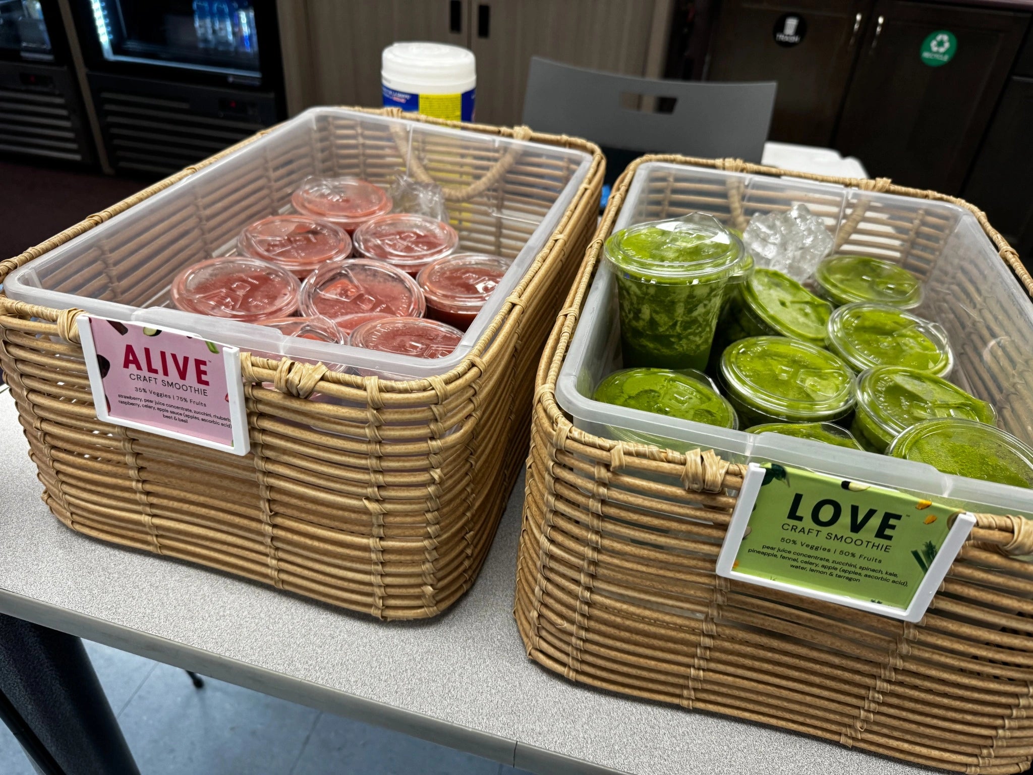 Ready-to-drink Living Farmacy smoothies in catering baskets